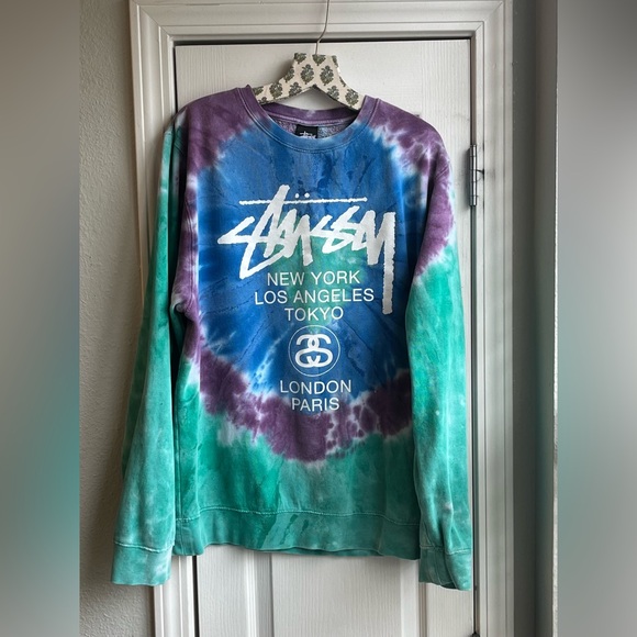Stussy World Tour Tie-Dye Crewneck Sweatshirt Rare Vintage 90’s y2k size XL